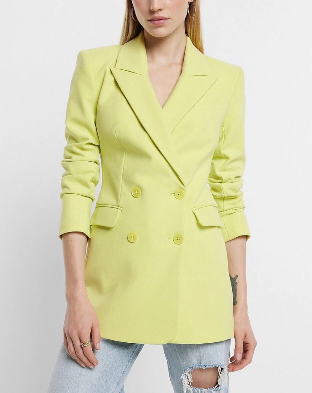 Express Womens Longline Blazer 12 Chartreuse Double Breasted Peak Neon Tailored